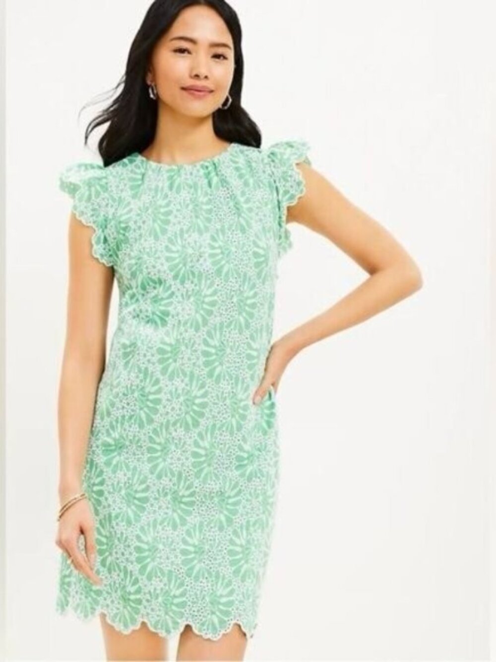 "NWT" Loft Eyelet Shift Dress‎ Short Flutter Sleeve Womens Size 4P Green /White